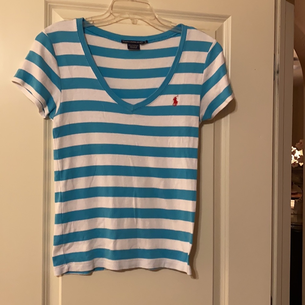 Ralph Lauren Turquoise & White Tripe Knit Tee Size Large